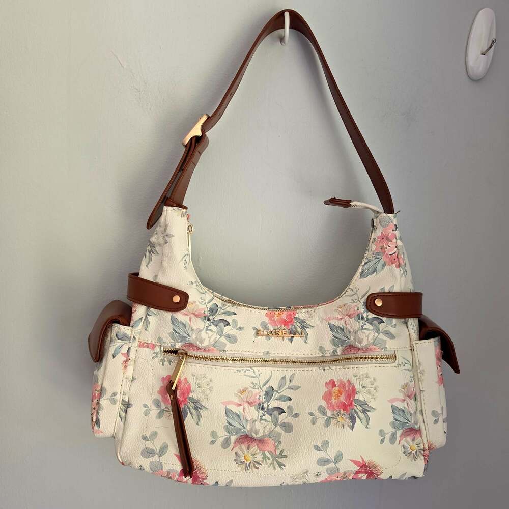Forelli Izzie Floral Tapestry Hobo Shoulder Bag Leather Trim Buckle Pockets New